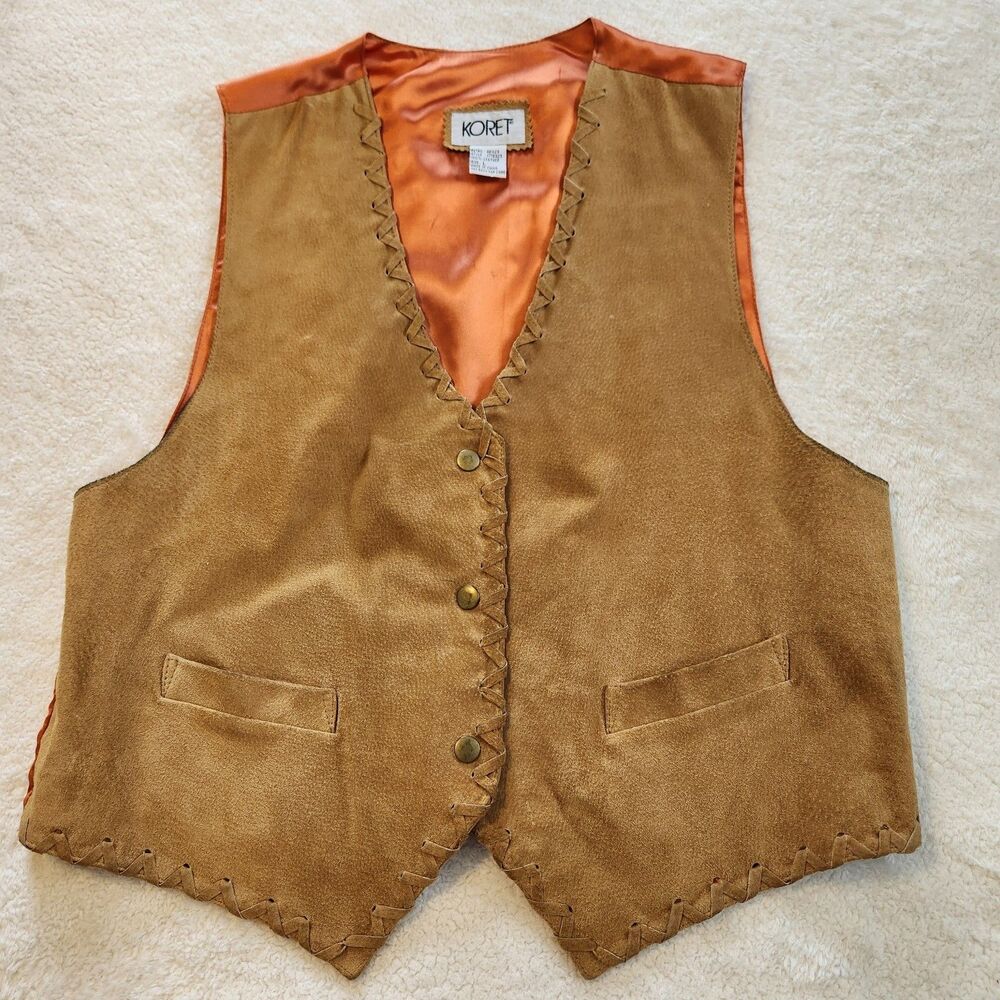 Vintage Koret Leather Womens L Western 3 Snap Up Tie Back Pockets Vest Cowgirl
